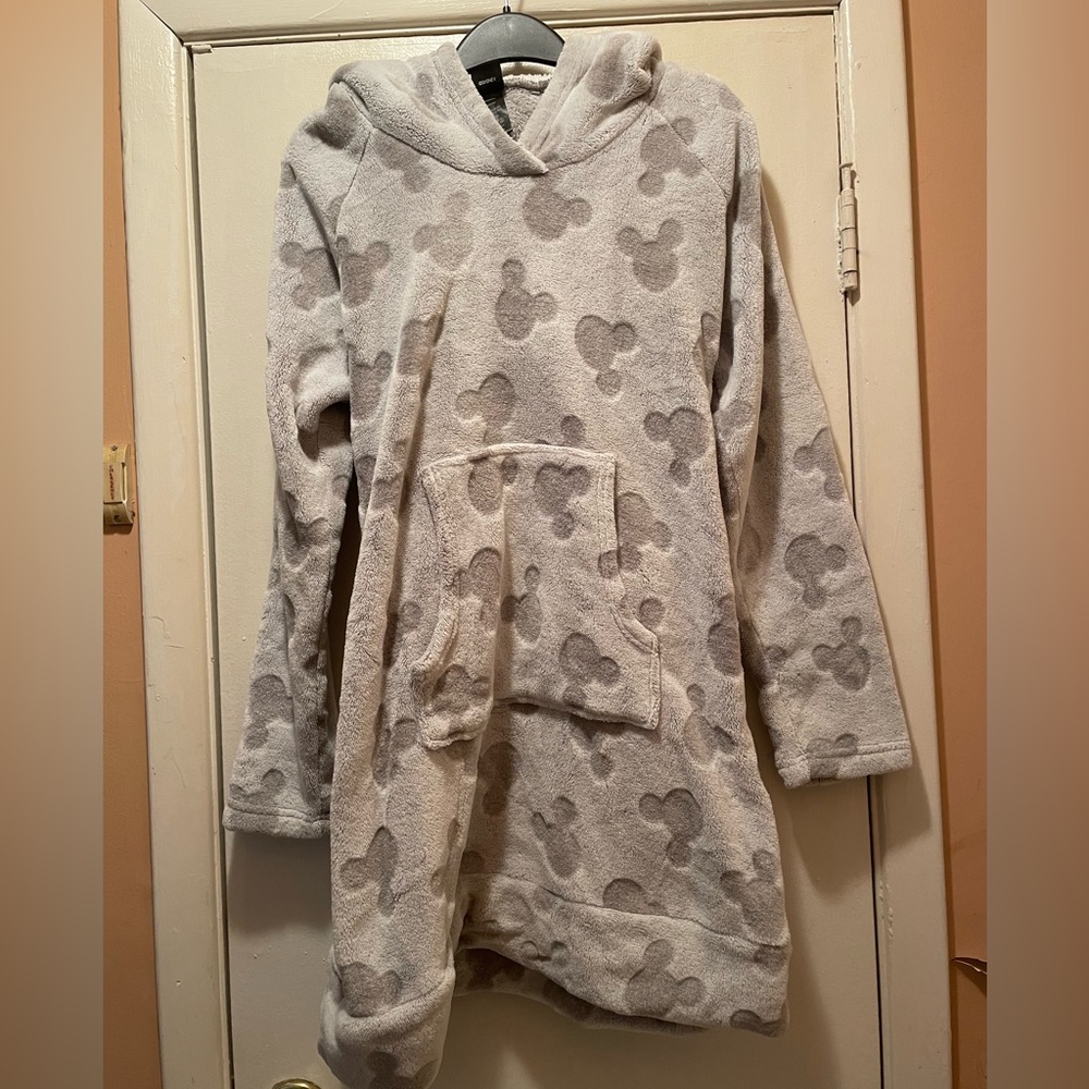 Disney Mickey Mouse Grey Plush Fleece Hooded Lounger Dress Pajamas Large